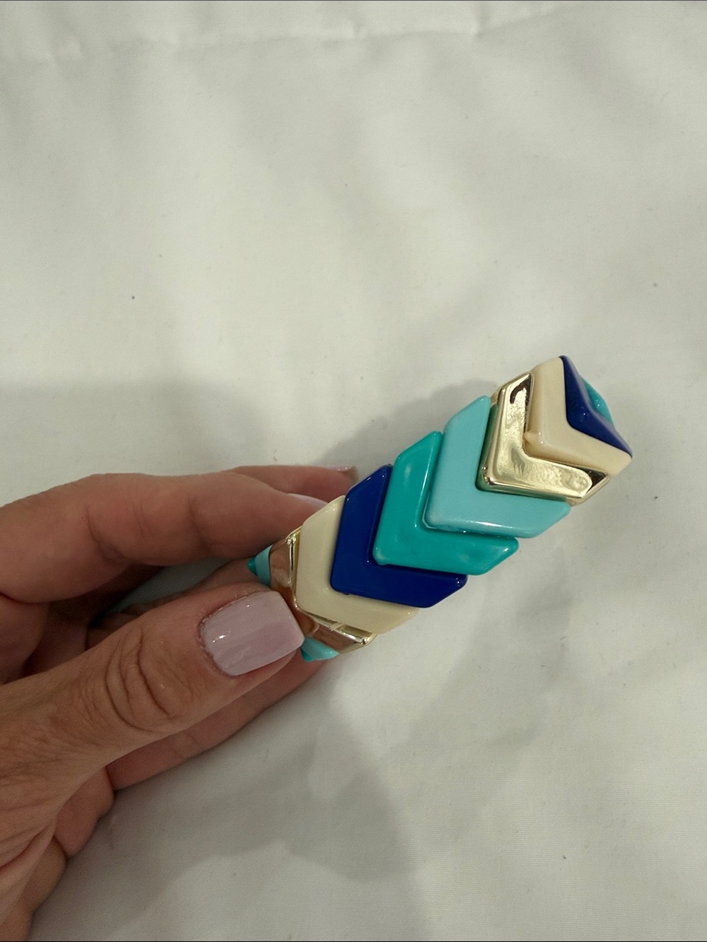 Chevron Enamel Statement Bracelet in Teal, Navy & Cream